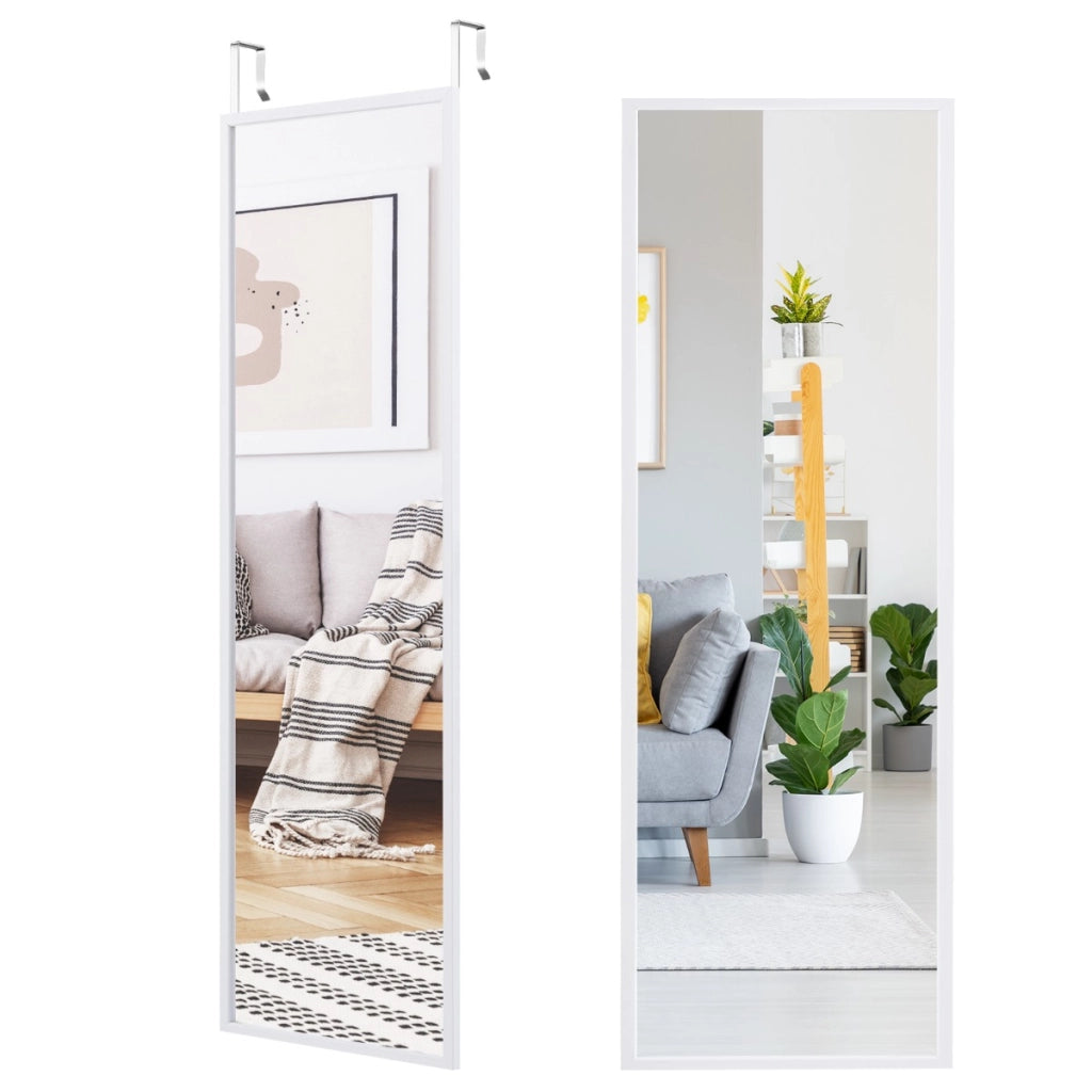 Specchio a figura intera per muro o porta con struttura in ferro, Specchio con 2 set di ganci regolabili Bianco-Specchi da parete