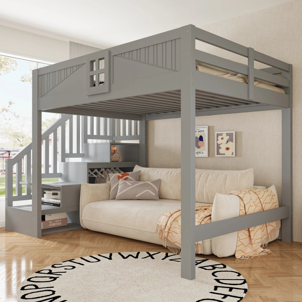 Letto a soppalco 140 x 200 cm - letto multifunzione con scaletta contenitore reversibile, contenitori e sponde con finestra - legno/MDF - grigio