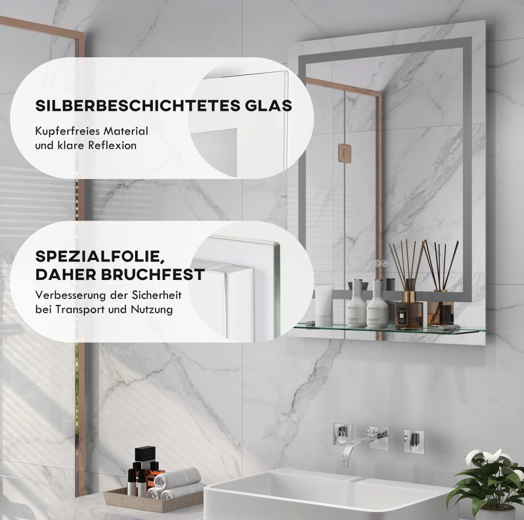 Specchio da bagno con illuminazione LED 70x50 cm, 3 tonalità di luce, antiappannamento, con mensola e interruttore touch, protezione IP44