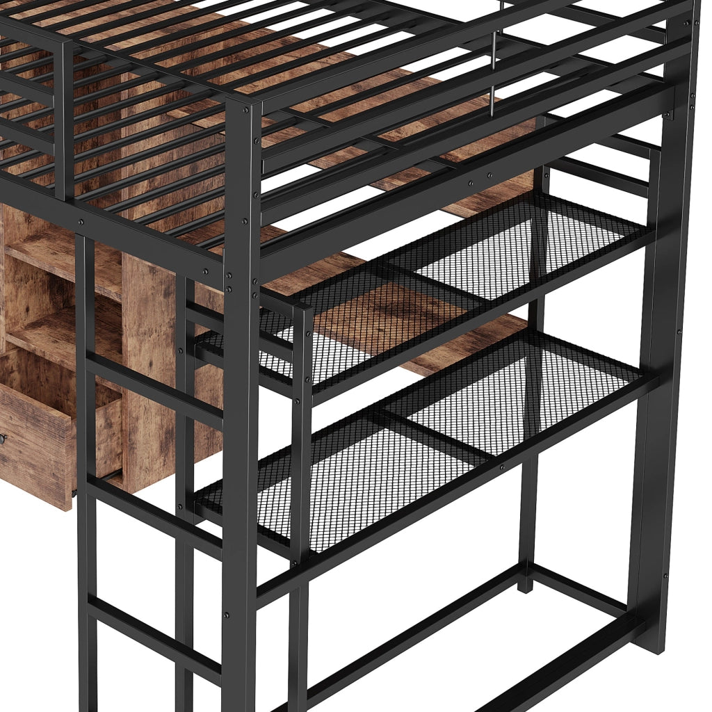 Letto a soppalco 140 × 200 cm con scrivania LED 16 colori cassetto ripiani in metallo e MDF nero