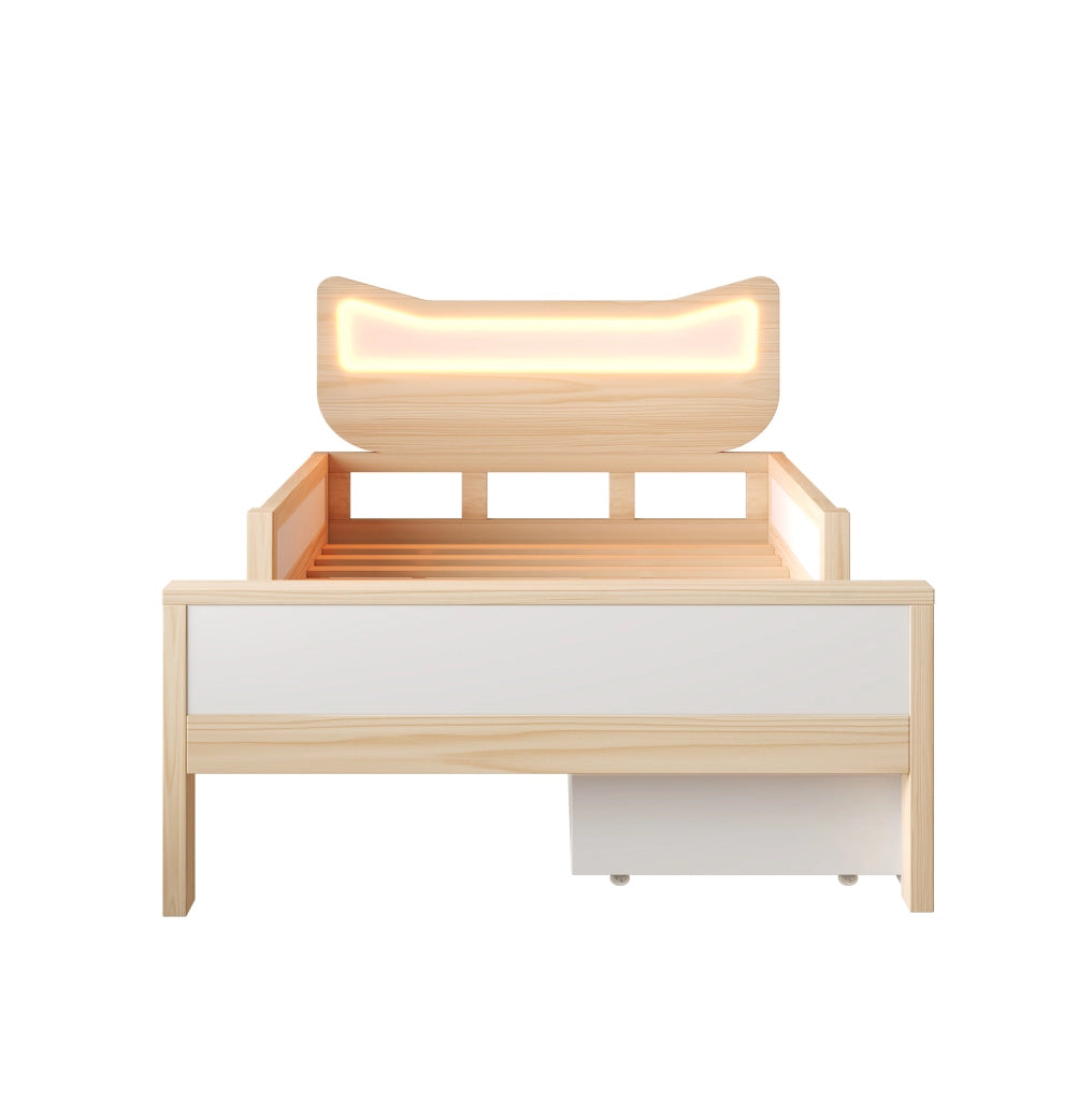 Letto singolo per bambini 90x200 cm con testiera gatto LED RGB; cassetto e scomparto HOMVRA