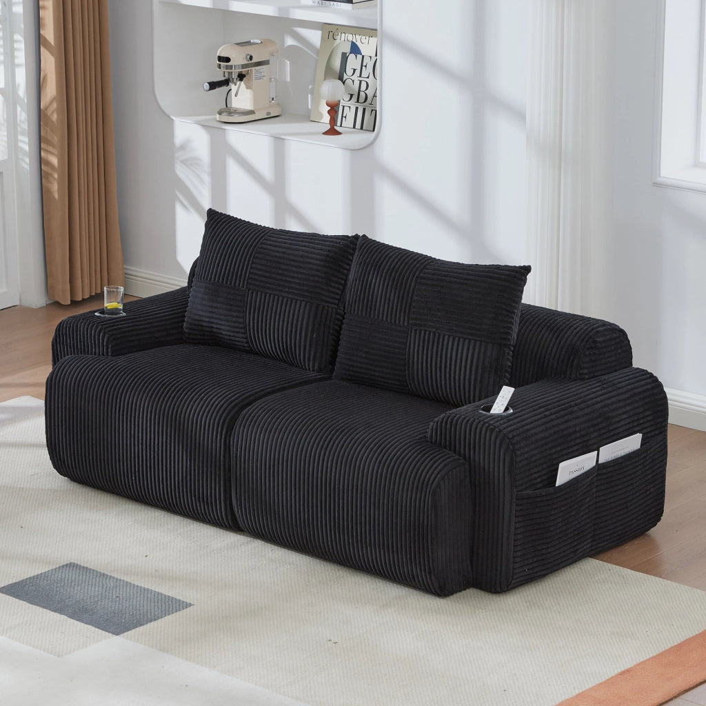 Divano modulare a 2 posti in velluto a coste nero con portabicchieri integrato e tasca laterale 200 × 99 × 80 cm