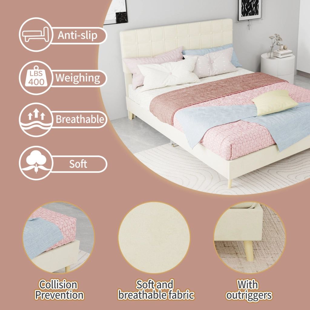 Letto matrimoniale grigio scuro in tessuto con testiera imbottita a quadri beige 140x200 cm, senza materasso