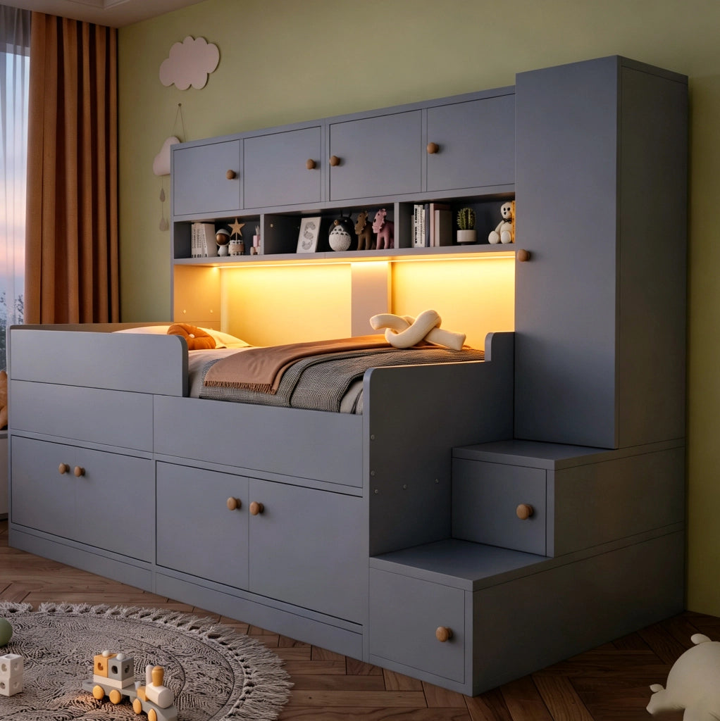 Letto per bambini 90x200 cm con LED e ampio spazio contenitivo; grigio