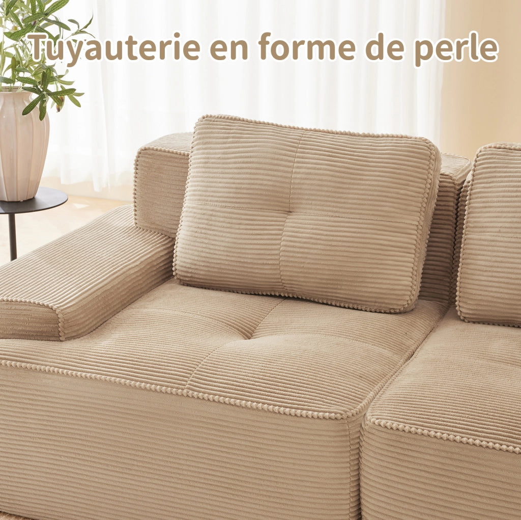 Divano modulare 4 posti con chaise longue a L, imbottito in velluto a coste beige senza braccioli
