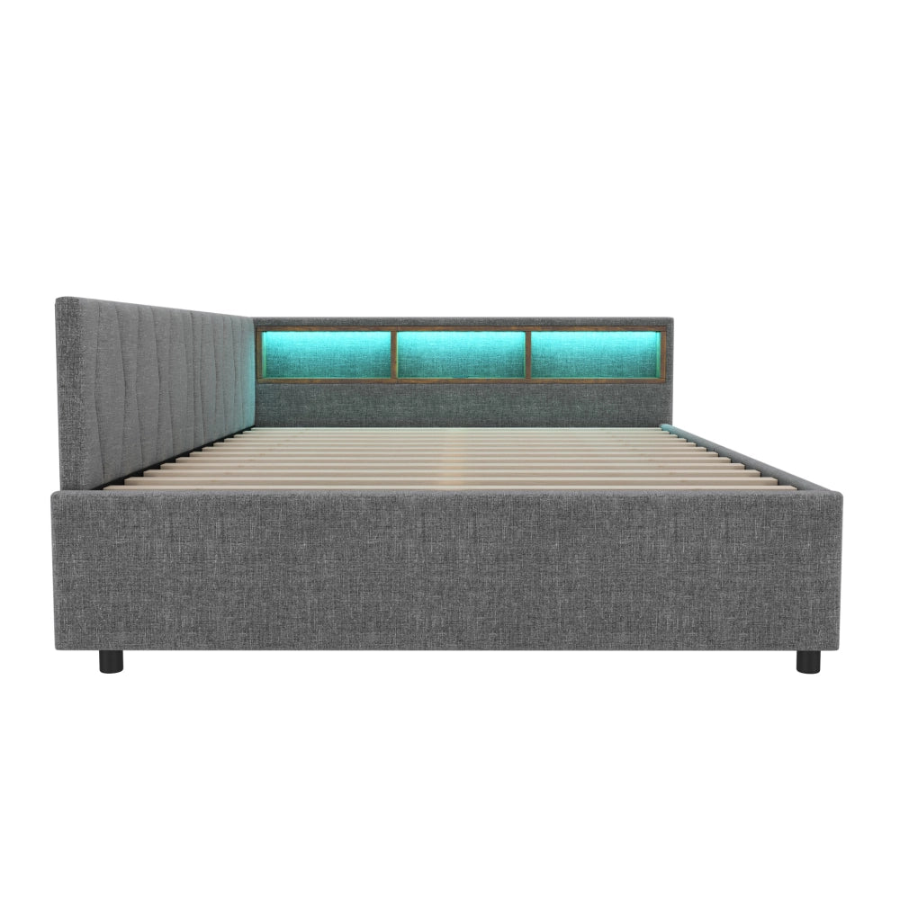 Letto giorno 140x200 cm in lino grigio con LED, doppio cassetto, USB e porta Type-C, rete a doghe senza materasso
