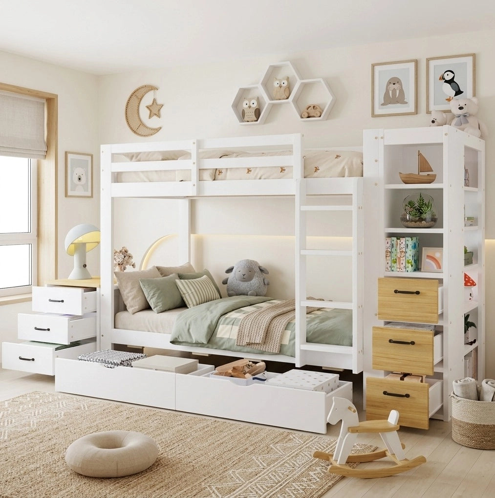 Letto a castello in legno bianco 90x200 cm con due cassettoni, scaffale laterale e comodino mobile