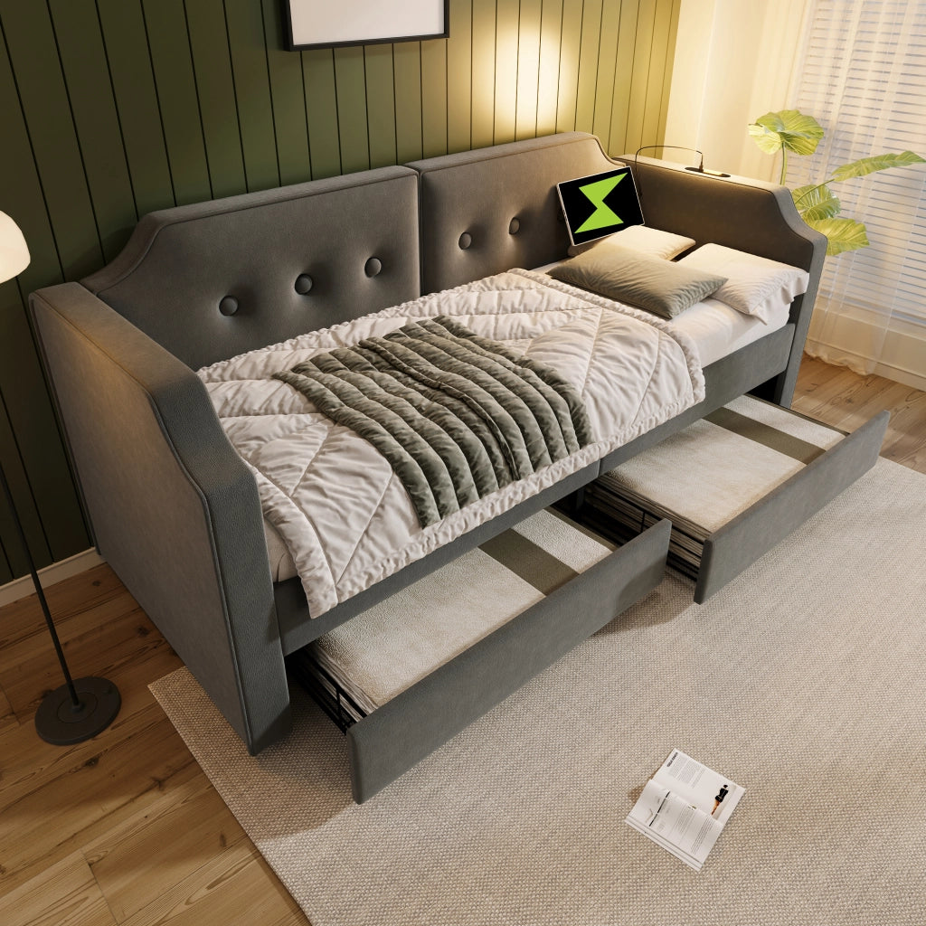 Letto con cassetti 90 × 200 cm con 2 cassetti; luce da lettura USB e Type-C; velluto grigio con rete