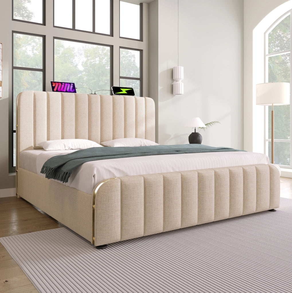 Letto 140x200 cm con contenitore idraulico, USB e USB-C, rivestimento in lino beige