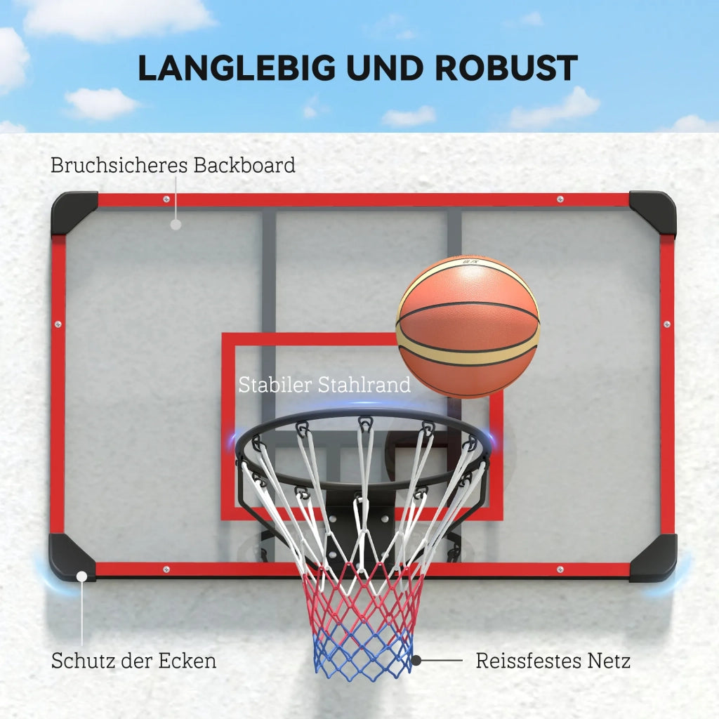 Canestro da Basket con Tabellone e Rete, Montaggio a Parete per Esterni, Acciaio, 113 x 61 x 73 cm, Rosso