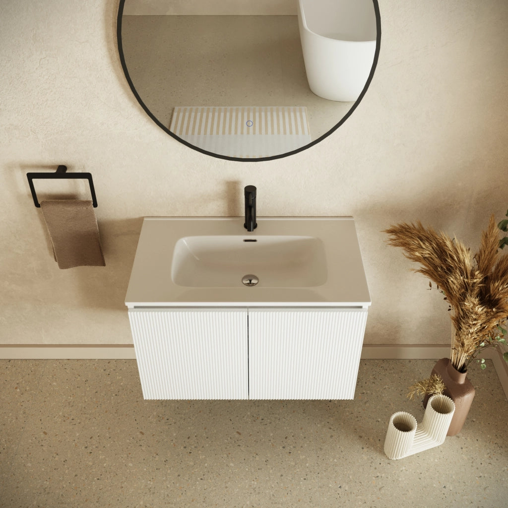 Mobile bagno sospeso 80cm due ante bianco opaco cannettato con lavabo bianco lucido | Pelion