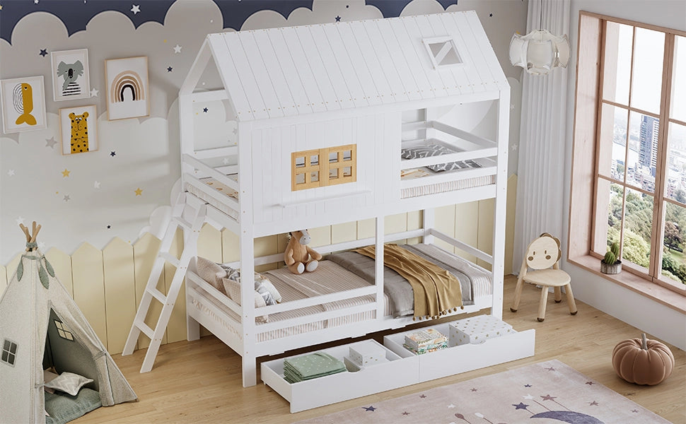 Letto a castello per bambini 90x200 cm a casetta con tetto e finestre; pino e MDF; bianco e legno naturale