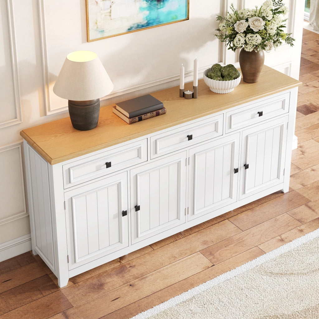 Credenza e madia moderna con 4 ante, 3 cassetti e ripiani regolabili in MDF bianco per soggiorno e camera da letto