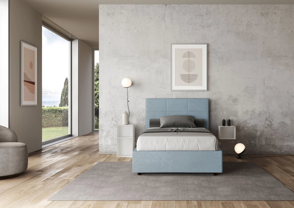 BS COM Letto una piazza e mezza senza rete imbottito 120x210 microfibra azzurro