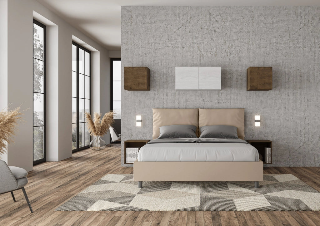 Letto Matrimoniale 160x210 cm con Rete e Contenitore con Alzata Comoda Imbottito in Similpelle Antea Tortora