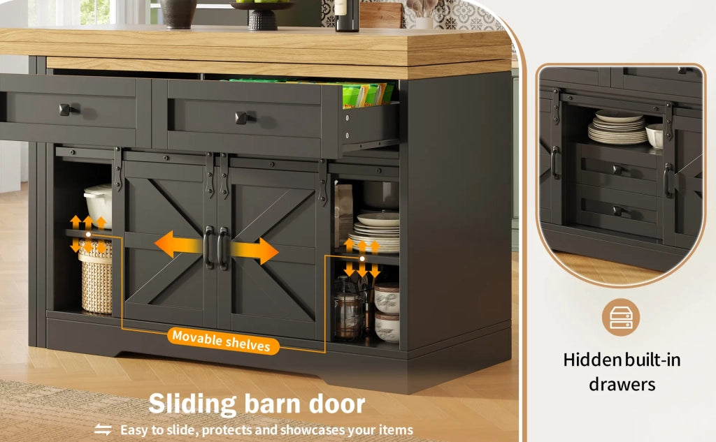 Isola Cucina Multifunzione con Tavolo da Pranzo, Armadio Laterale con Cassetti Nascosti, Pannelli Girevoli a 360°, Porta Scorrevole Stile Granaio, Design 2-in-1