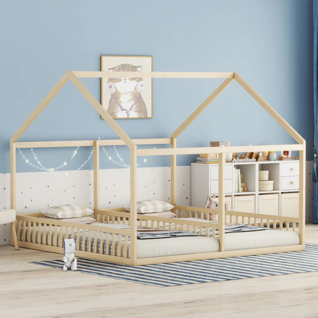 Letto per Bambini 90 x 200 cm - con Sponde; Modello Casa - in Pino e MDF - Naturale
