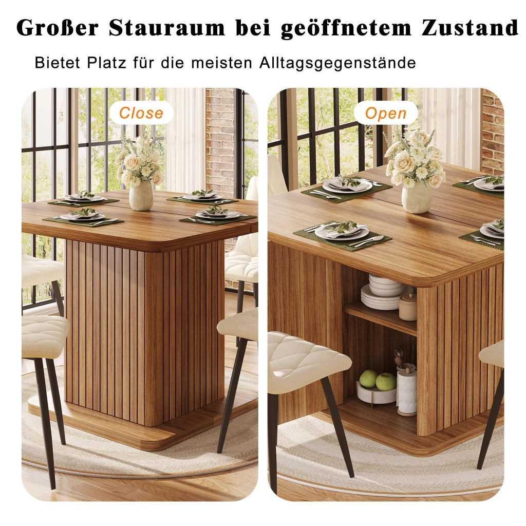 Tavolo da Pranzo Quadrato 80x80 cm 4 Posti con Contenitore LEMONMAX; 2 Ripiani; Ante Scanalate; MDF Effetto Legno Marrone Scuro; H 76 cm