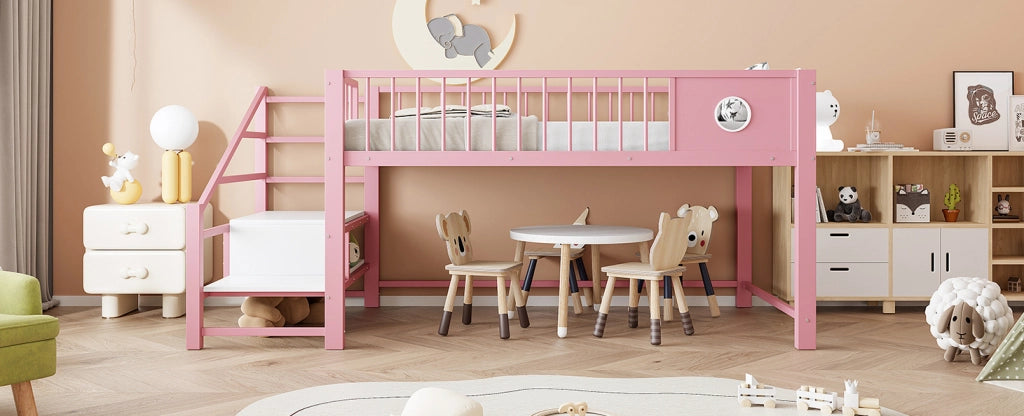 Letto a soppalco basso per bambini 90x200 cm con struttura in metallo rosa e scaletta con contenitore