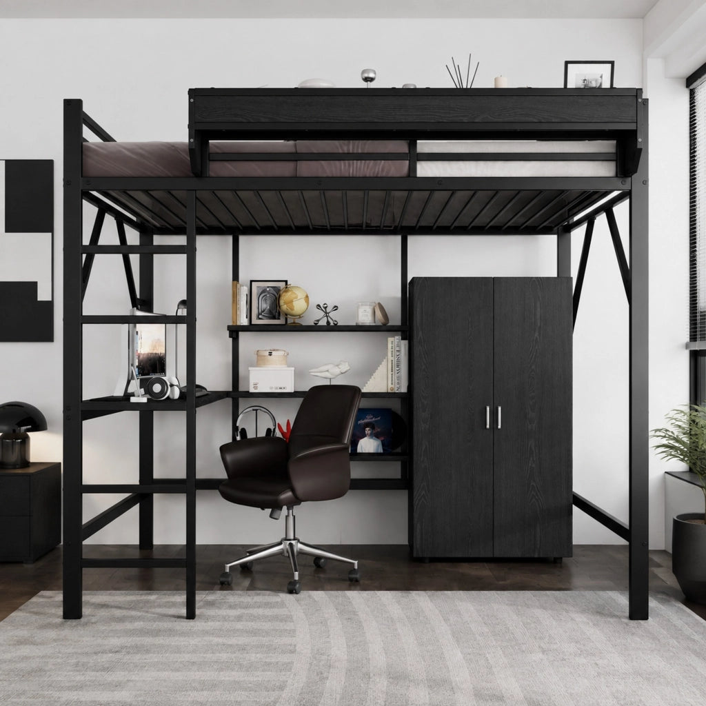 Letto a soppalco 140x200 cm con scrivania e armadio nero