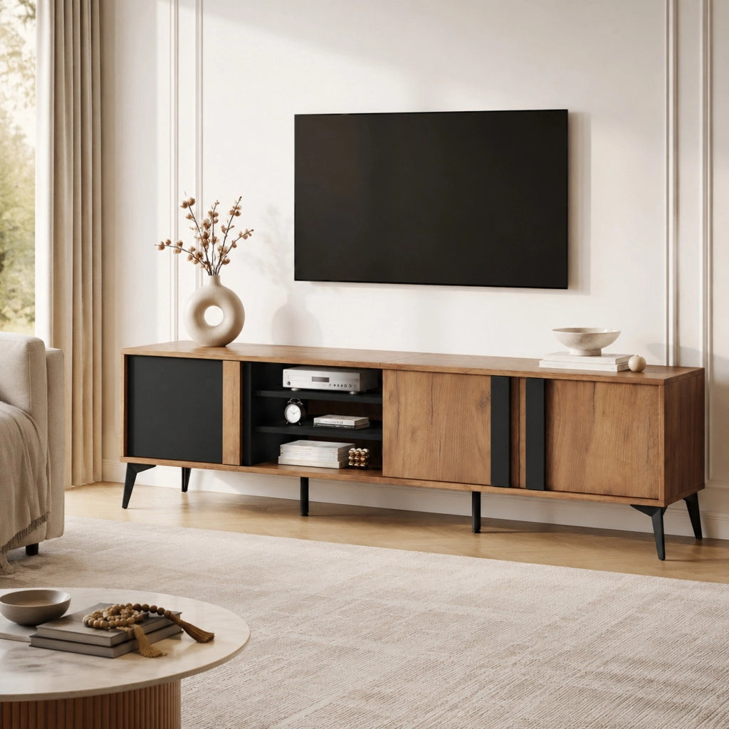 Mobile TV con 3 ante e 4 vani aperti in truciolare marrone e nero con gambe in metallo 180 × 40 × 50 cm
