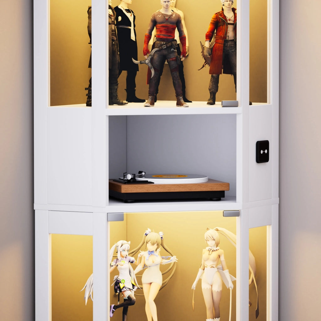 Vetrina con ante in vetro e illuminazione LED a sensore, 5 ripiani per sala e camera, MDF bianco, 57 × 40 × 165 cm