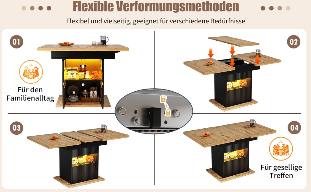 Tavolo da pranzo allungabile con vano portaoggetti e illuminazione LED, 110-140 cm, nero con finitura effetto legno