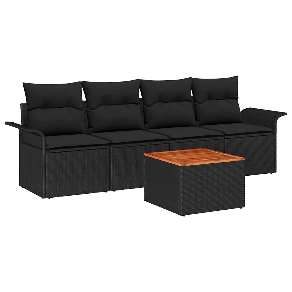 Set Divano da Giardino con cuscino 5 pz | Set Salotto da Giardino Nero polyrattan
