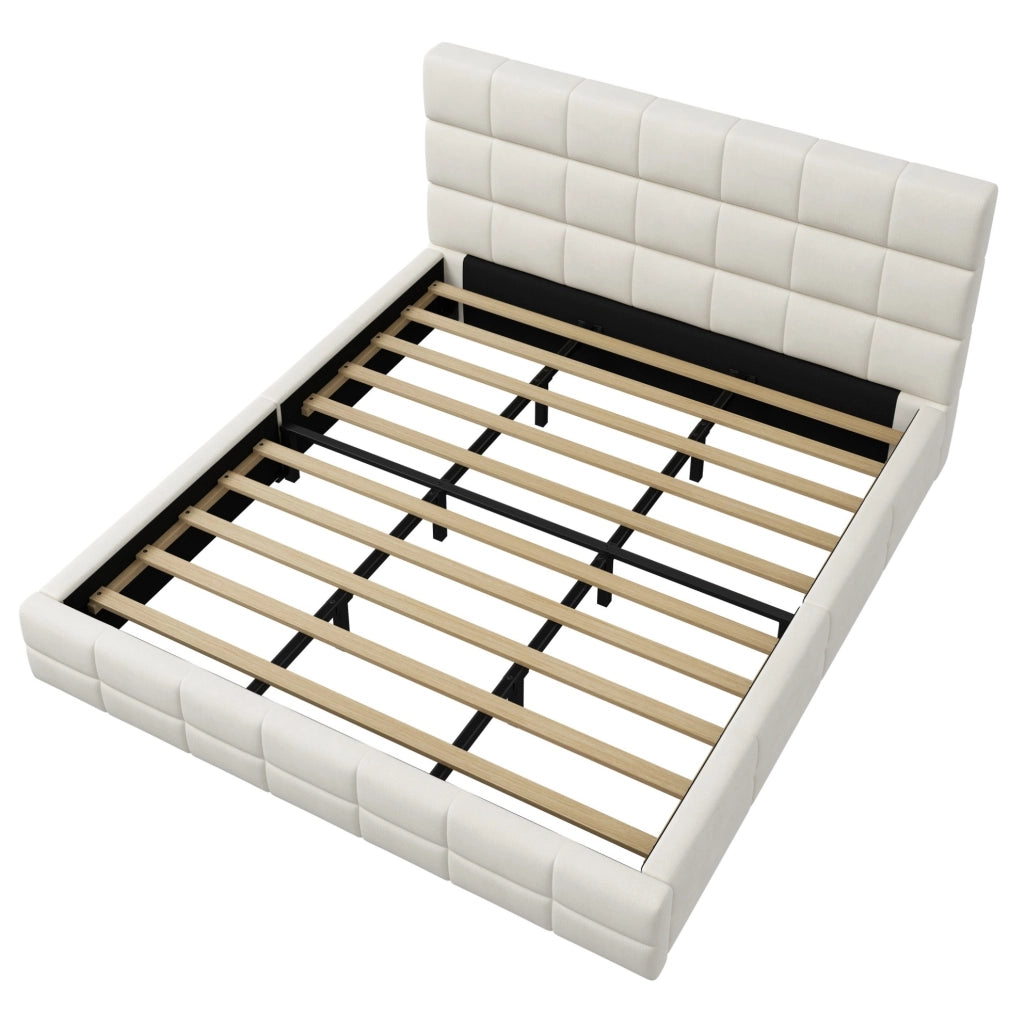 Letto a piattaforma 180x200 cm in velluto beige con testiera, per camera, senza materasso –