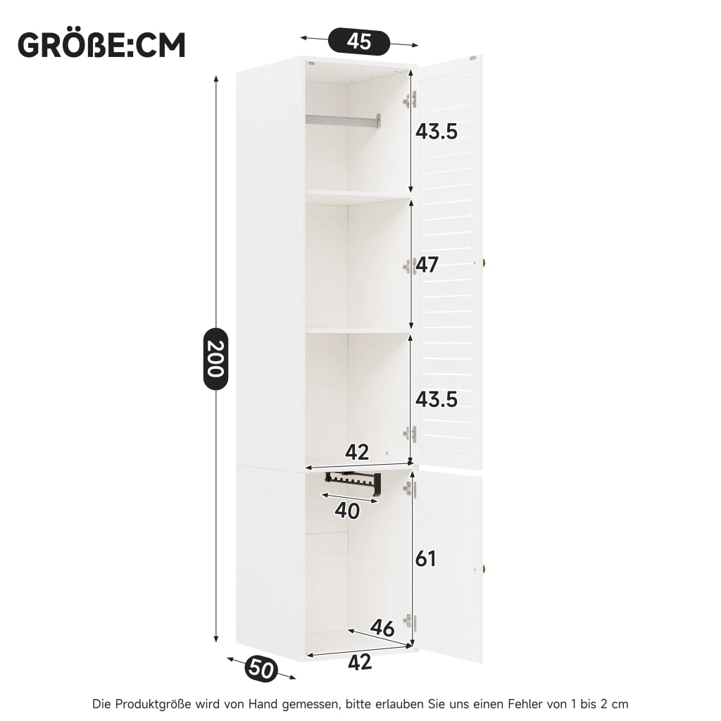Armadio alto a un'anta con porta a lamelle; appendiabiti e 3 vani; 45x50x200 cm bianco