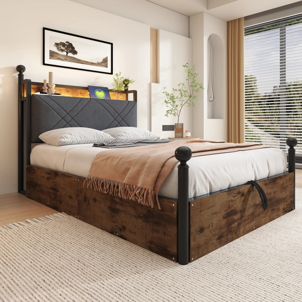 Letto con contenitore 90 × 190 cm con sollevamento idraulico; struttura in ferro; LED e porte USB Type-C nero