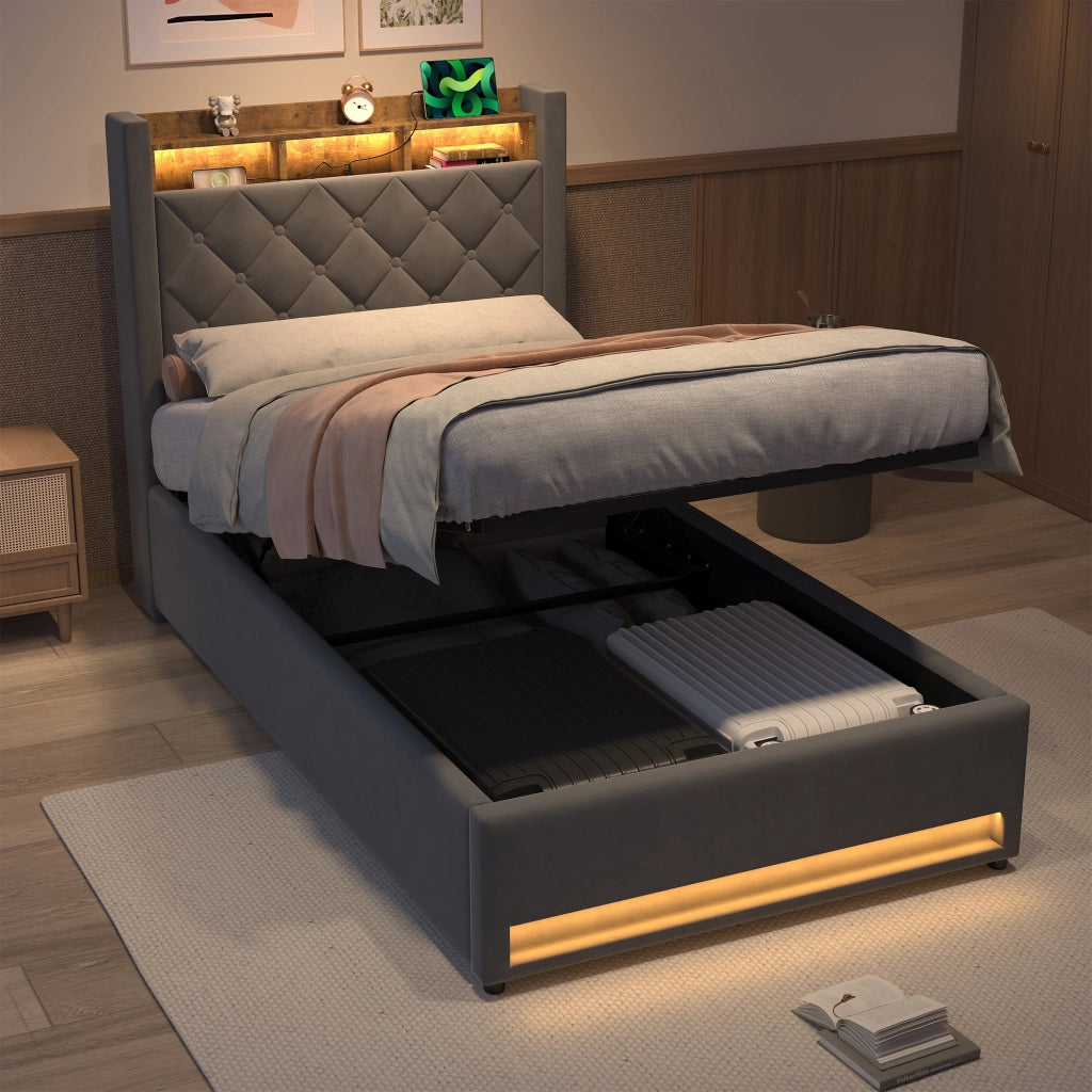 Letto Imbottito con Contenitore 90x190 cm Grigio in Velluto con LED e Porte USB
