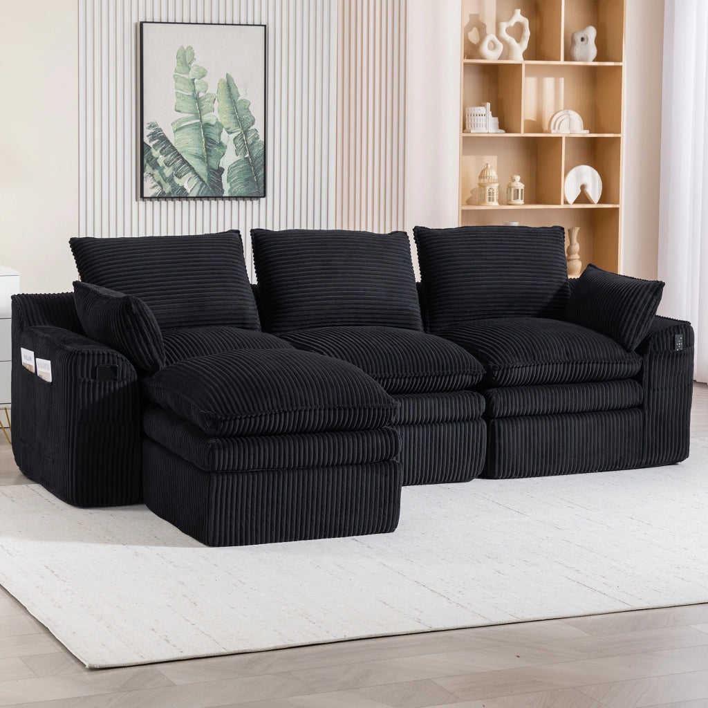 Divano modulare 3 posti in corduroy con pouf; tasche laterali; 263x167x85 cm; nero