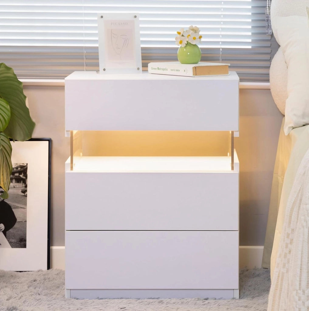 Comodino LED bianco con 3 cassetti e pannello acrilico