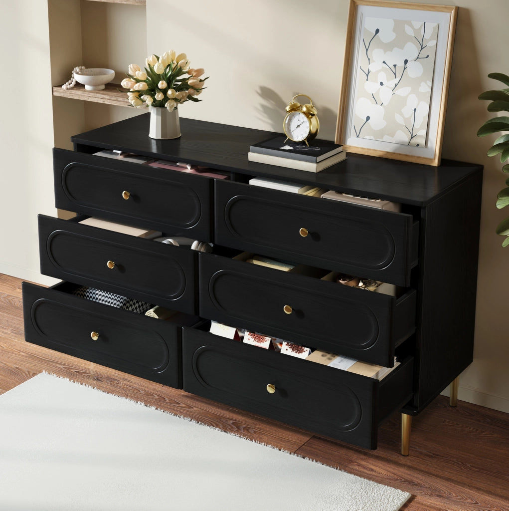 Credenza con 6 cassetti e piedini in metallo in MDF e truciolare nera