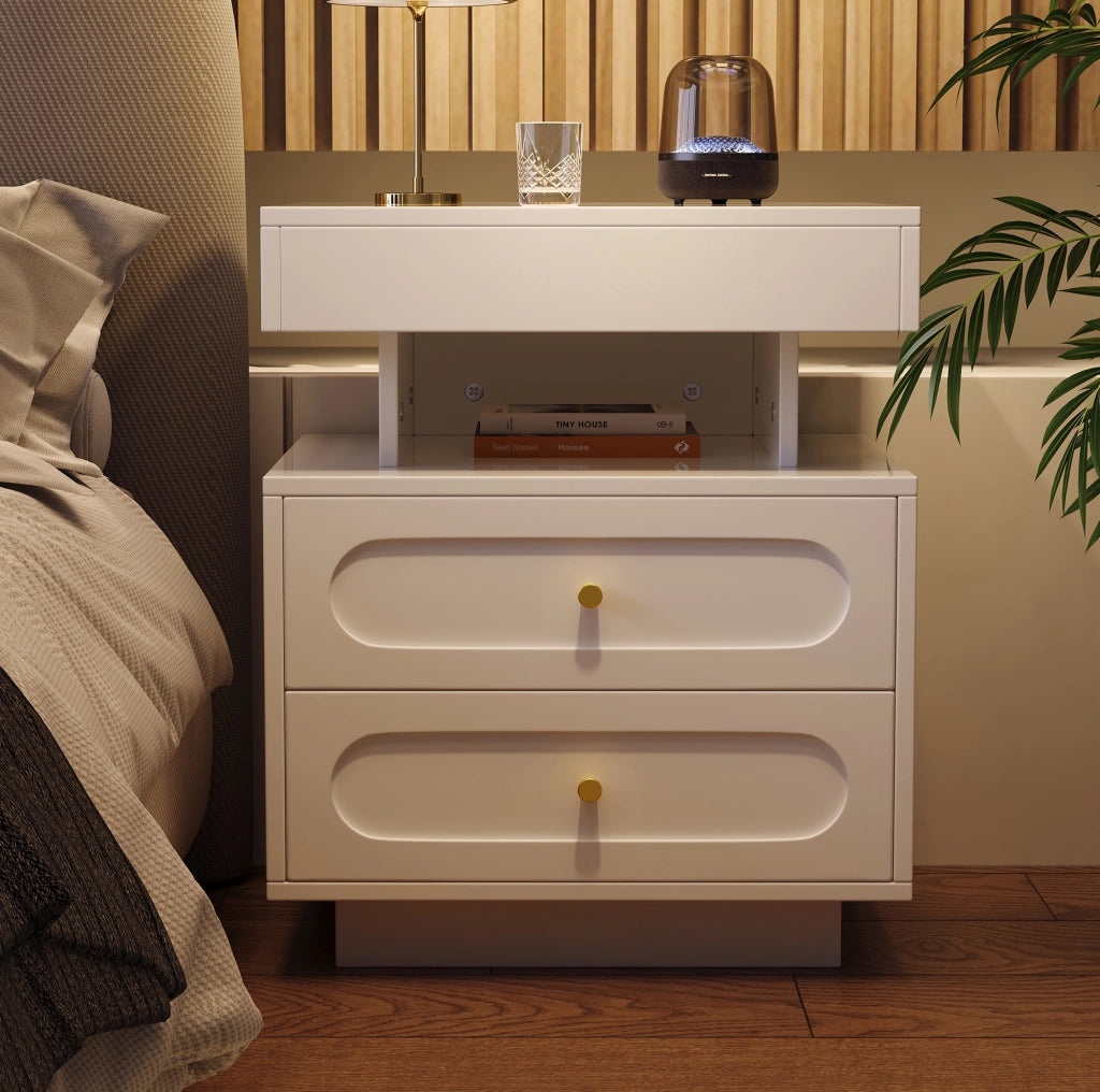 Comodino bianco con illuminazione LED, 2 cassetti e vano aperto, 100x40x60 cm