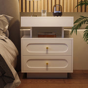 Comodino bianco con illuminazione LED, 2 cassetti e vano aperto, 100x40x60 cm