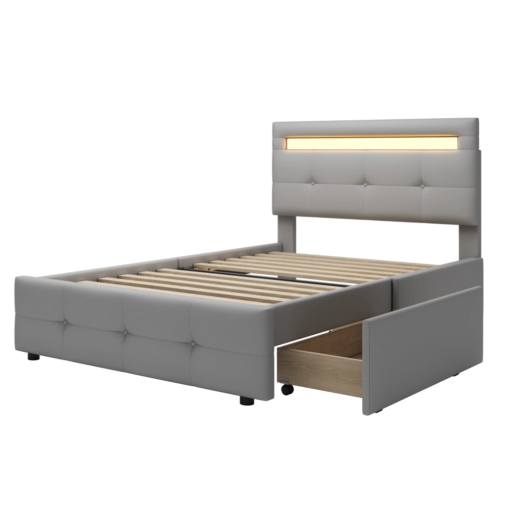 Letto imbottito singolo 90 x 200 cm con luci LED, 2 cassetti e imbottitura in lino, letto piatto per bambini, ragazzi e ospiti - Grigio