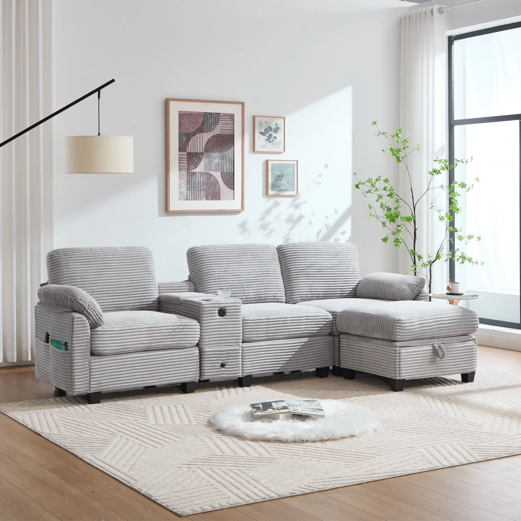 Divano modulare con USB-C; contenitore; tasche laterali e console scorrevole in corda grigio chiaro