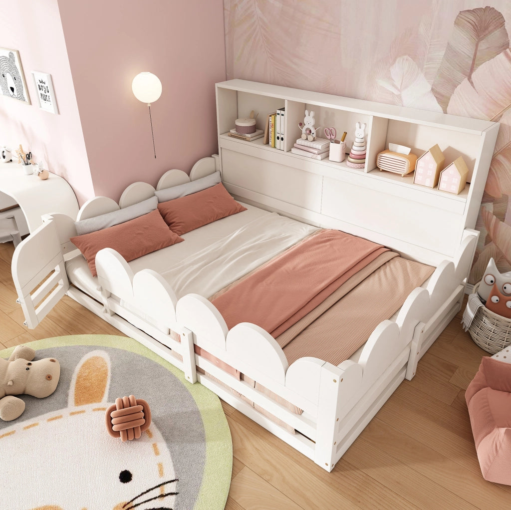 Letto a terra per bambini 140x190 cm bianco in legno con protezione antifuga, porta e scaffale integrato