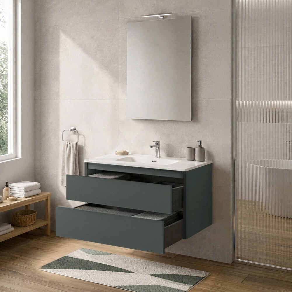 Mobile bagno sospeso 100 cm verde due cassetti push-pull e lavabo Tierra