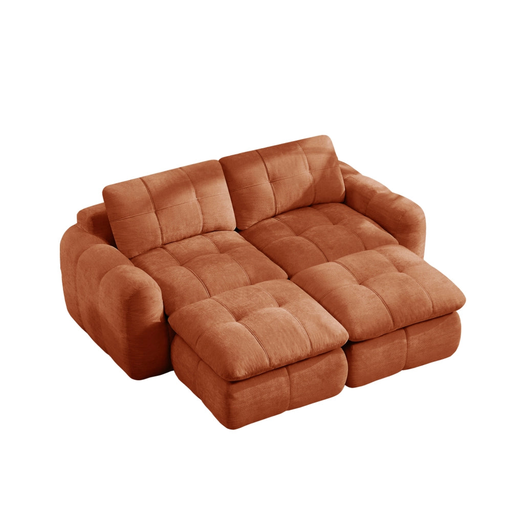 Divano modulare 2 posti 194x160x68 cm in ciniglia arancione, 2 pouf salvaspazio
