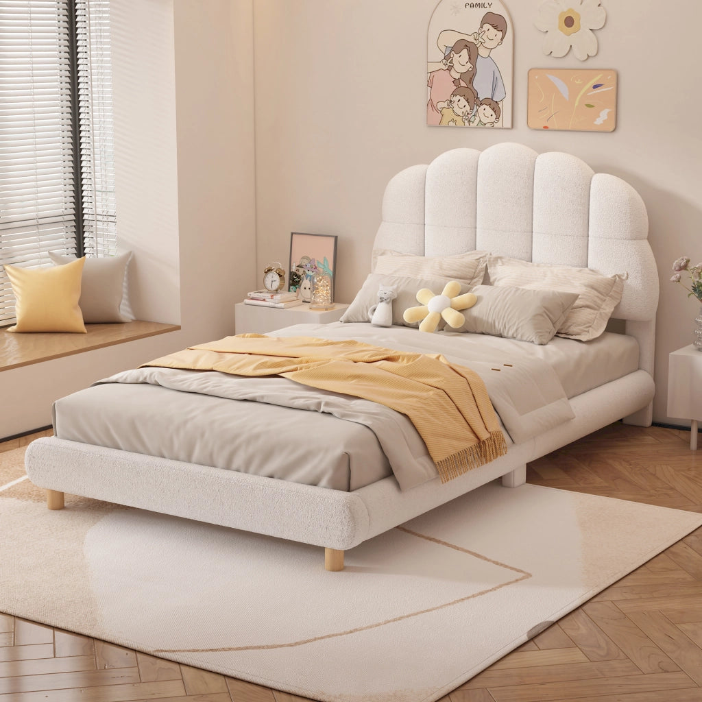 Letto singolo per bambini in peluche 90×200 cm con testiera a fiore, bianco, struttura in MDF con doghe, senza materasso