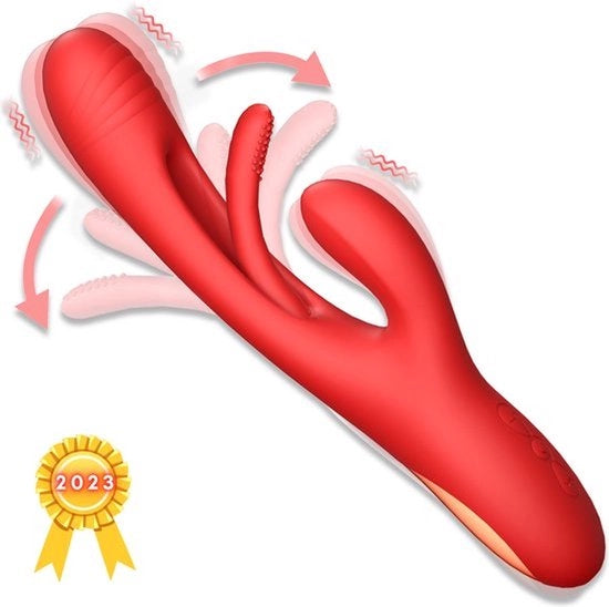 Vibro Stimolatore 3 in 1 per la Stimulation del Clit e del G-Spot - 21 Modalità Intense - Giocattolo Sex in Silicone per Donne - Dildo - 24cm x 3.8cm - Rosso