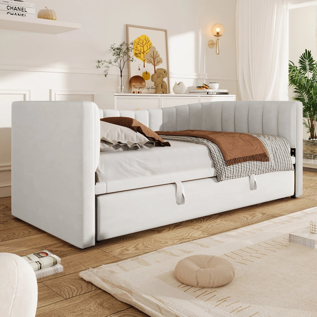 Letto divano 90 × 200 cm 1 posto con letto estraibile; senza materasso; in velluto e MDF; bianco