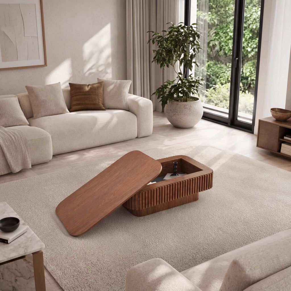Tavolino basso fisso con vano contenitore nascosto e piano rimovibile in MDF impiallacciato in legno noce per soggiorno