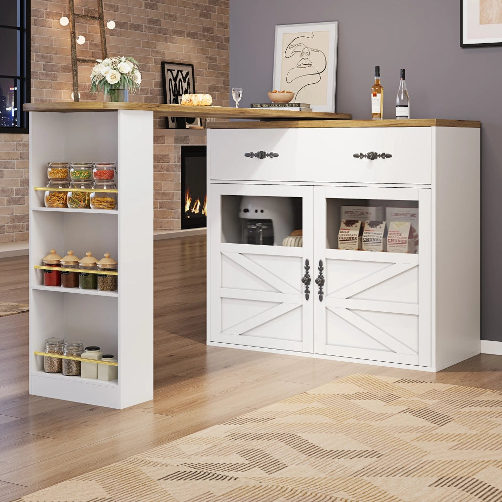 Tavolo bar allungabile bianco con ripiani, 138-204x39x104 cm, piano girevole a 360°, mobile alto moderno per cucina e bistrot