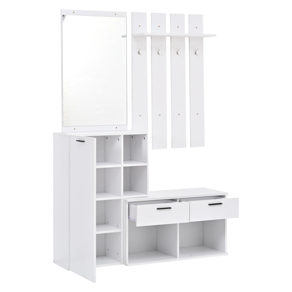 Mobile da ingresso con specchio, anta, 2 cassetti, 10 vani e 4 ganci per ingresso, in MDF bianco, 120 × 35 × 175,5 cm
