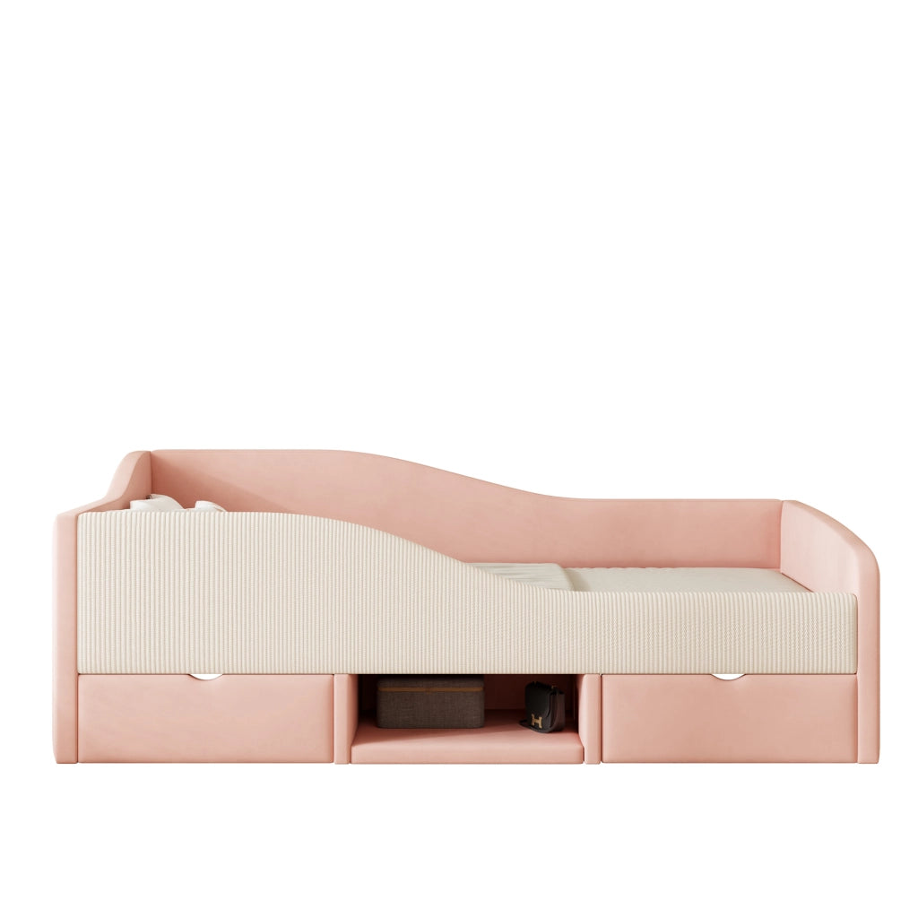 Letto imbottito 90 x 190 cm rosa e bianco con cassetti e sponde
