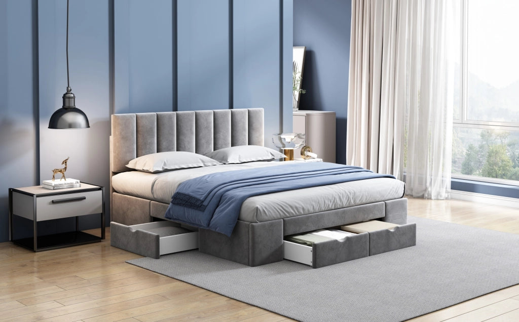 Letto imbottito in velluto grigio 160x200 cm con rete a doghe e 4 cassetti YEAVIO